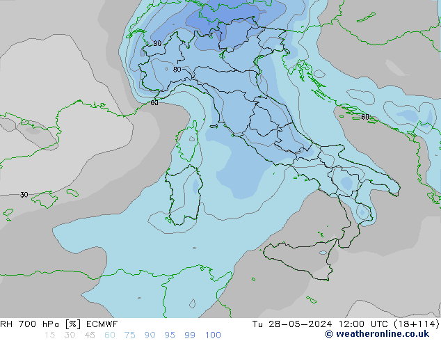 RH 700 hPa ECMWF Tu 28.05.2024 12 UTC