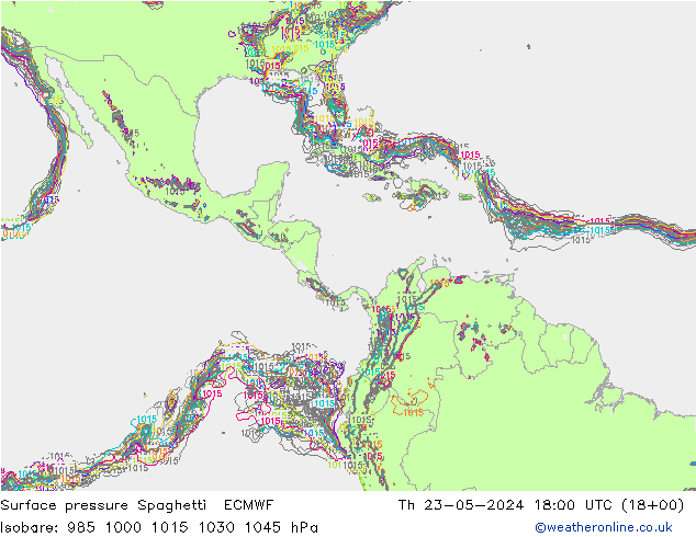 pressão do solo Spaghetti ECMWF Qui 23.05.2024 18 UTC
