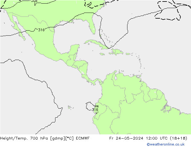 Height/Temp. 700 гПа ECMWF пт 24.05.2024 12 UTC