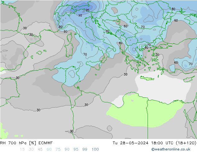 RH 700 hPa ECMWF Tu 28.05.2024 18 UTC