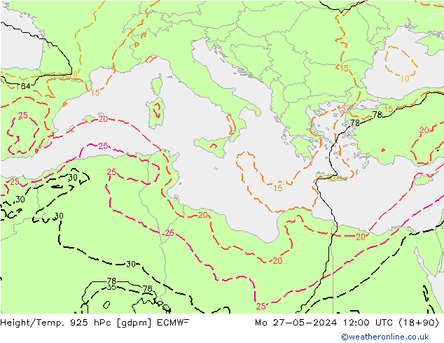 Height/Temp. 925 hPa ECMWF Mo 27.05.2024 12 UTC