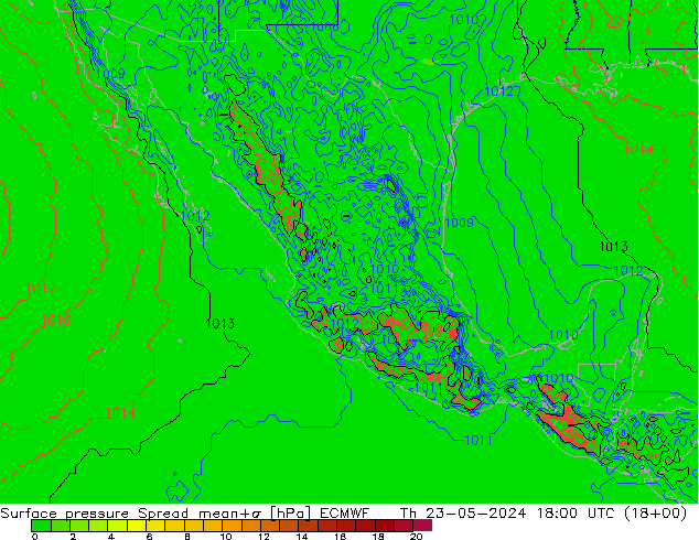 Presión superficial Spread ECMWF jue 23.05.2024 18 UTC