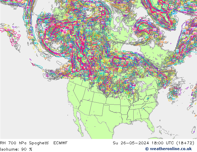 RH 700 hPa Spaghetti ECMWF So 26.05.2024 18 UTC