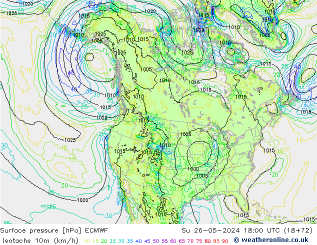 Isotachs (kph) ECMWF Su 26.05.2024 18 UTC