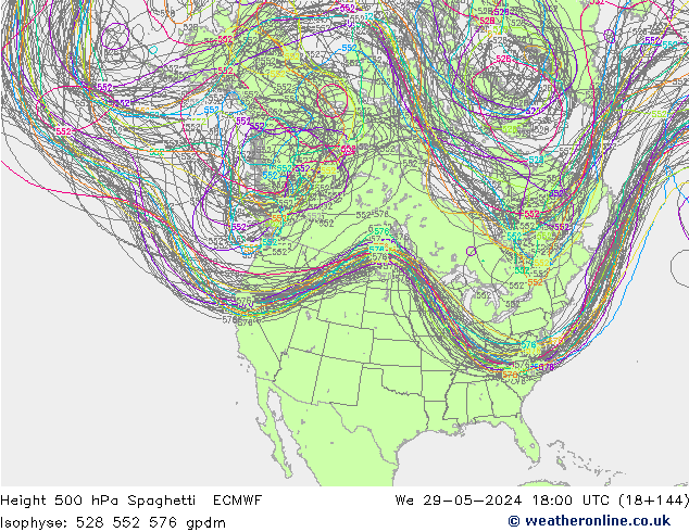 Height 500 hPa Spaghetti ECMWF We 29.05.2024 18 UTC