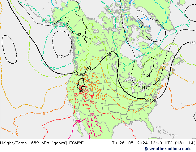 Height/Temp. 850 hPa ECMWF Út 28.05.2024 12 UTC