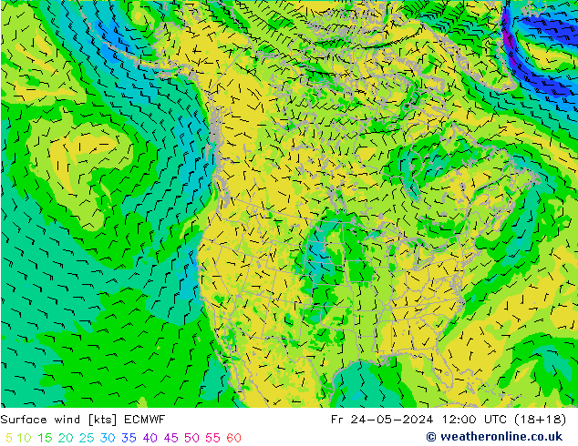 Vento 10 m ECMWF Sex 24.05.2024 12 UTC