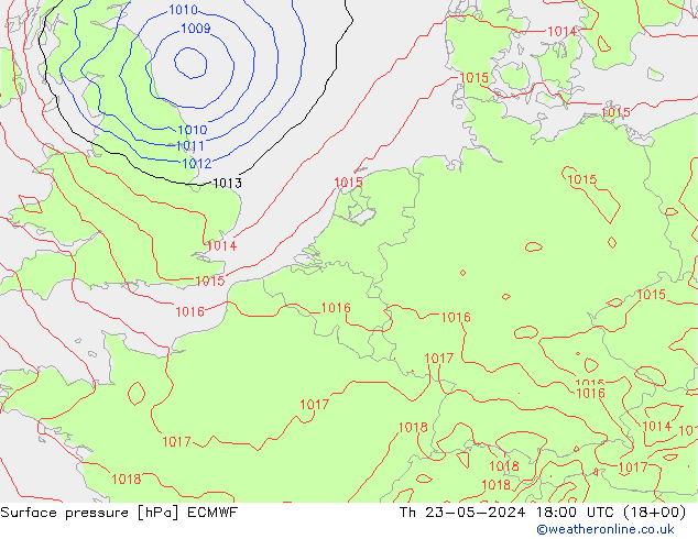 Presión superficial ECMWF jue 23.05.2024 18 UTC