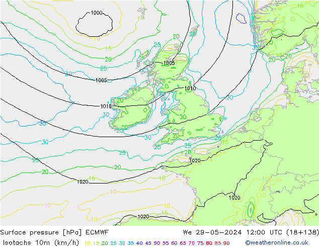 Eşrüzgar Hızları (km/sa) ECMWF Çar 29.05.2024 12 UTC