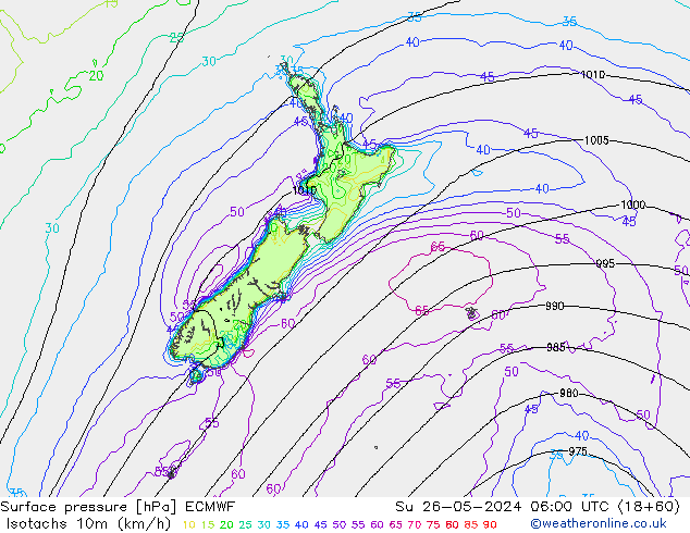 Isotachs (kph) ECMWF Ne 26.05.2024 06 UTC