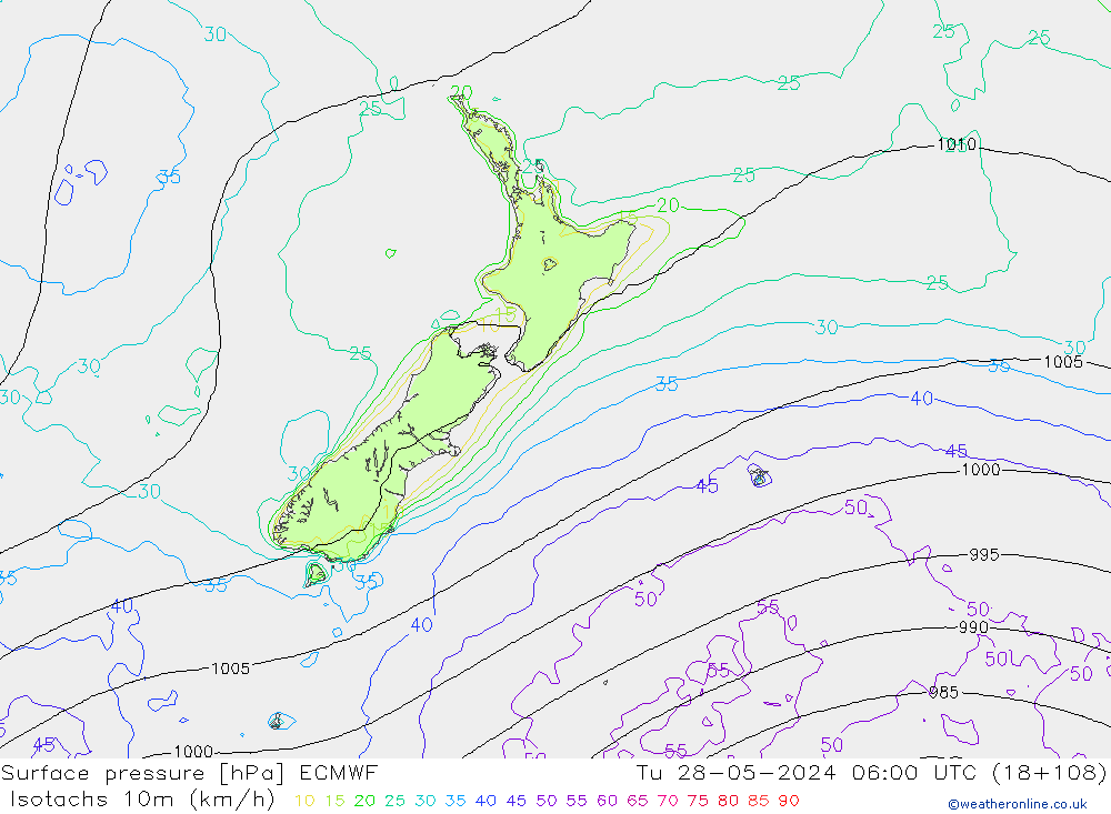 Isotachs (kph) ECMWF Tu 28.05.2024 06 UTC