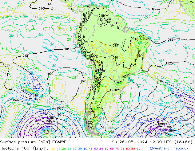 Eşrüzgar Hızları (km/sa) ECMWF Paz 26.05.2024 12 UTC