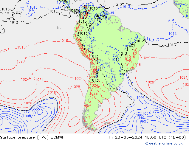 Presión superficial ECMWF jue 23.05.2024 18 UTC