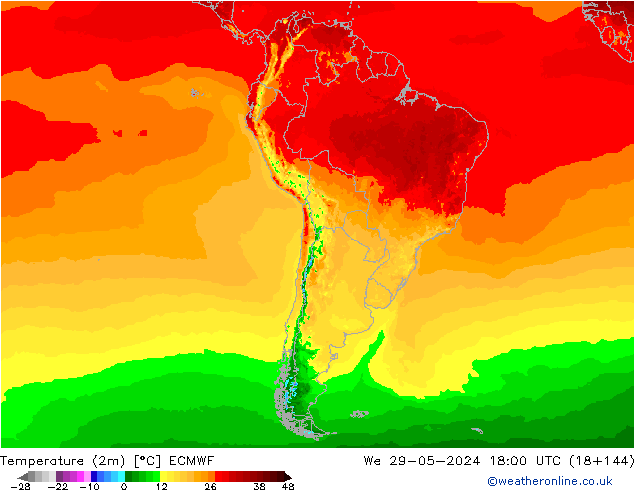 Temperature (2m) ECMWF We 29.05.2024 18 UTC