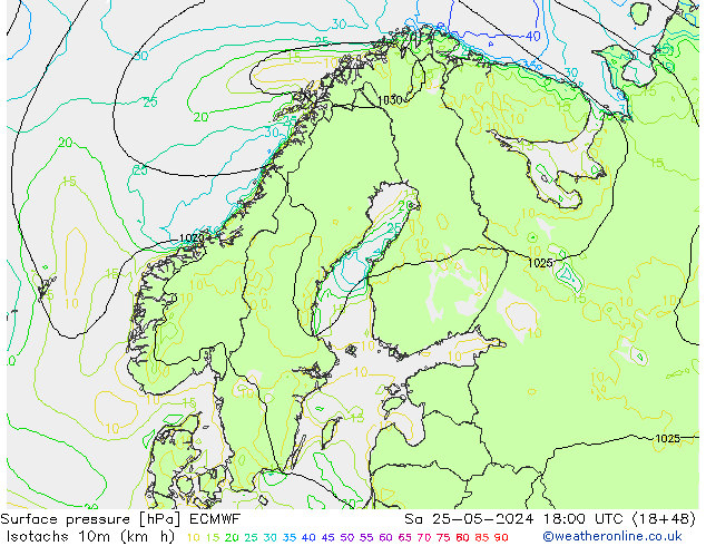 Isotachs (kph) ECMWF Sa 25.05.2024 18 UTC