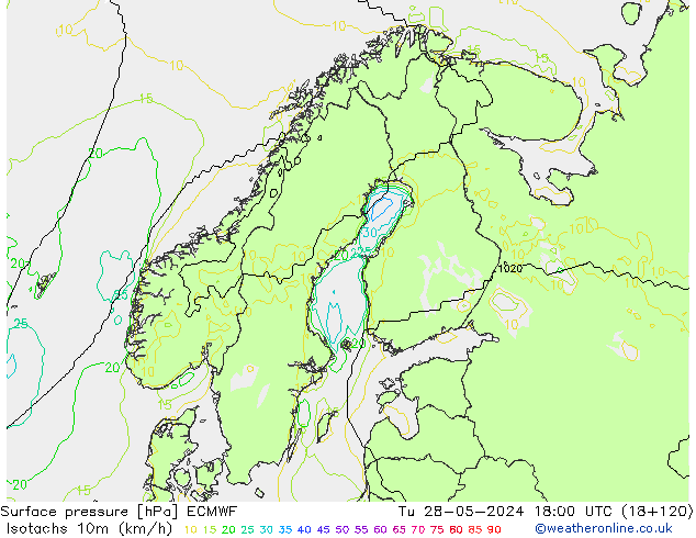 Isotachen (km/h) ECMWF di 28.05.2024 18 UTC