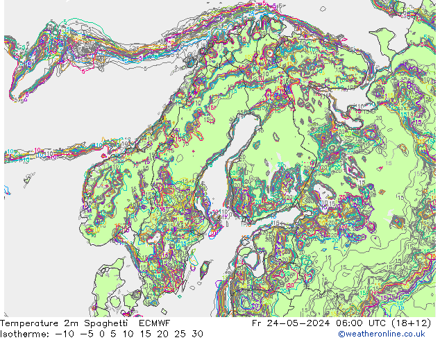 Temperatura 2m Spaghetti ECMWF vie 24.05.2024 06 UTC