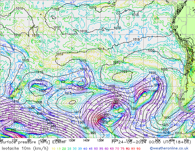 Isotachs (kph) ECMWF Sex 24.05.2024 00 UTC