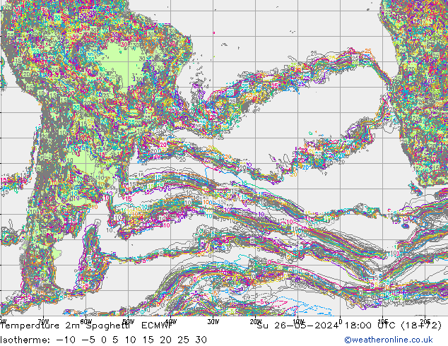 Temperature 2m Spaghetti ECMWF Su 26.05.2024 18 UTC