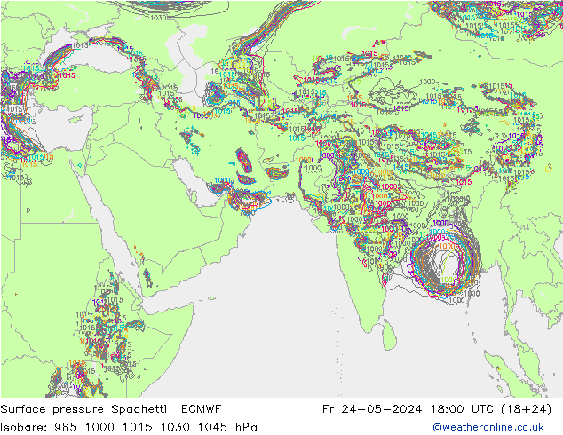 地面气压 Spaghetti ECMWF 星期五 24.05.2024 18 UTC