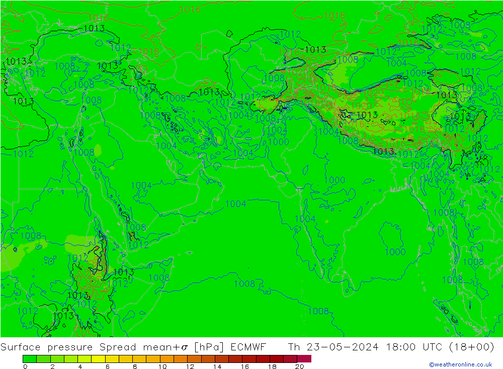 Pressione al suolo Spread ECMWF gio 23.05.2024 18 UTC