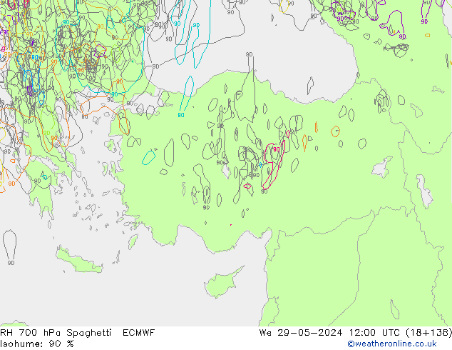 RH 700 hPa Spaghetti ECMWF We 29.05.2024 12 UTC