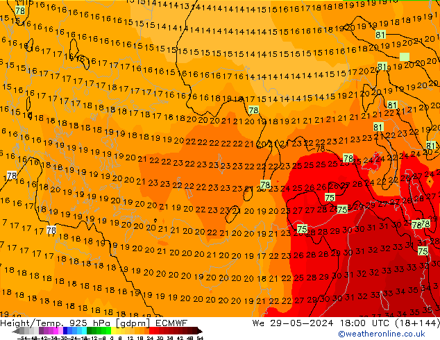 Yükseklik/Sıc. 925 hPa ECMWF Çar 29.05.2024 18 UTC