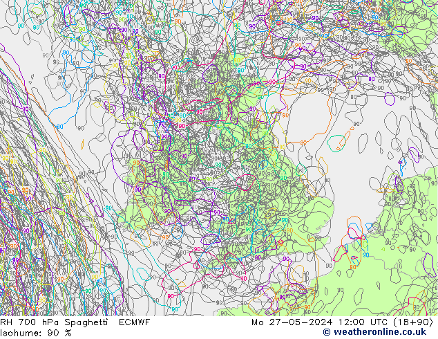 RH 700 hPa Spaghetti ECMWF Seg 27.05.2024 12 UTC