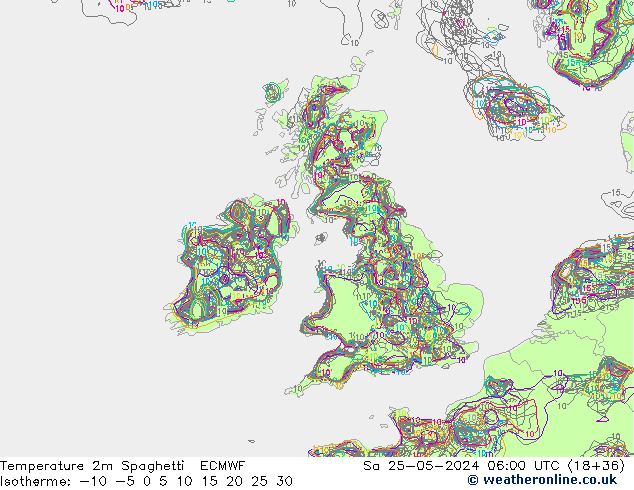 Temperatura 2m Spaghetti ECMWF sab 25.05.2024 06 UTC