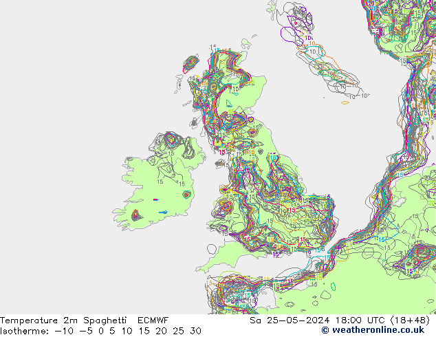 mapa temperatury 2m Spaghetti ECMWF so. 25.05.2024 18 UTC
