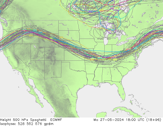 Height 500 hPa Spaghetti ECMWF Mo 27.05.2024 18 UTC