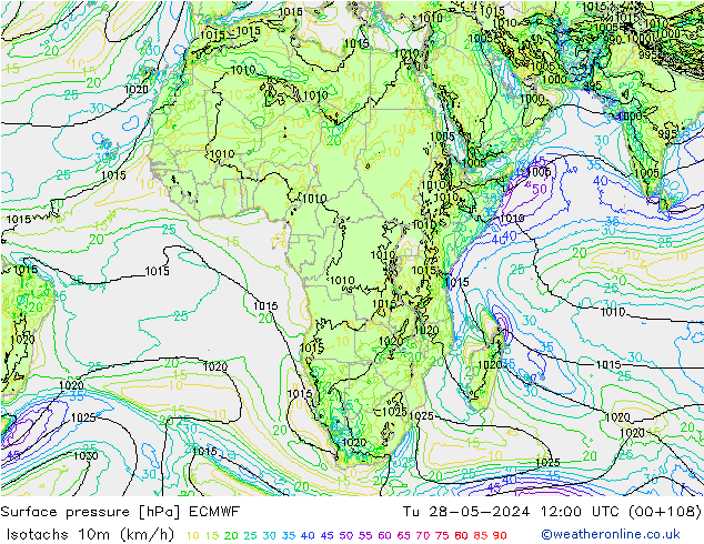 Isotachs (kph) ECMWF Tu 28.05.2024 12 UTC