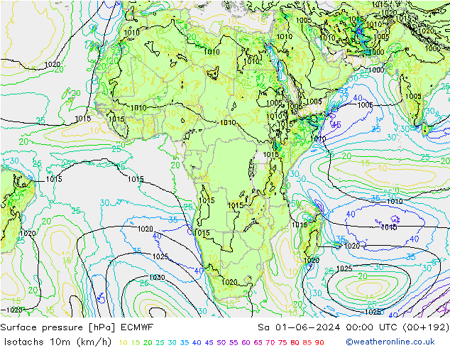 Isotaca (kph) ECMWF sáb 01.06.2024 00 UTC