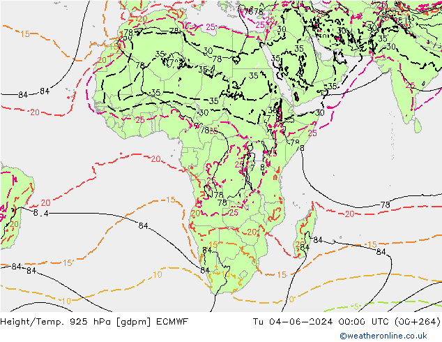 Height/Temp. 925 hPa ECMWF Út 04.06.2024 00 UTC