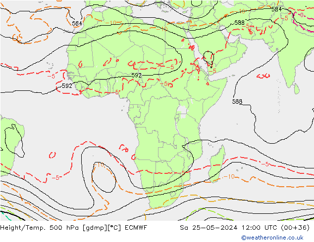 Height/Temp. 500 hPa ECMWF Sa 25.05.2024 12 UTC