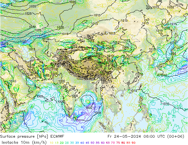 Isotachen (km/h) ECMWF vr 24.05.2024 06 UTC