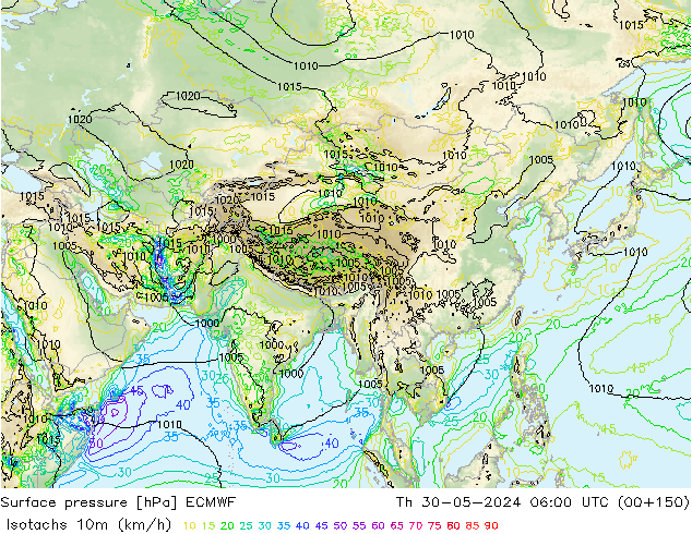 Isotachs (kph) ECMWF Th 30.05.2024 06 UTC