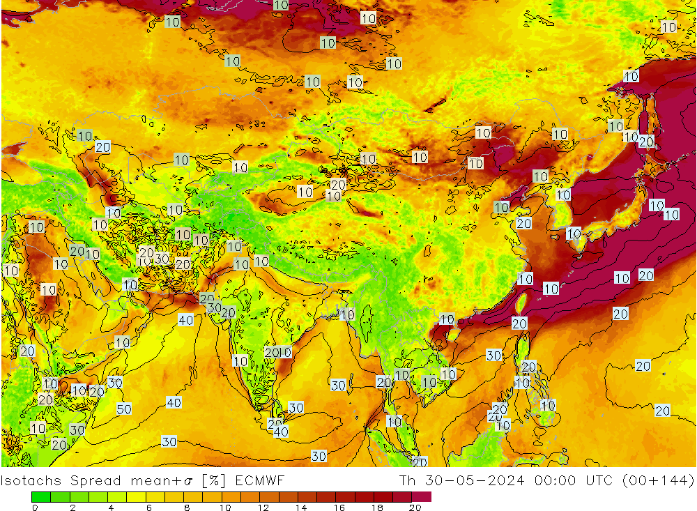 Isotachs Spread ECMWF Qui 30.05.2024 00 UTC