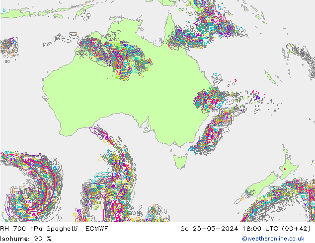 RH 700 hPa Spaghetti ECMWF So 25.05.2024 18 UTC
