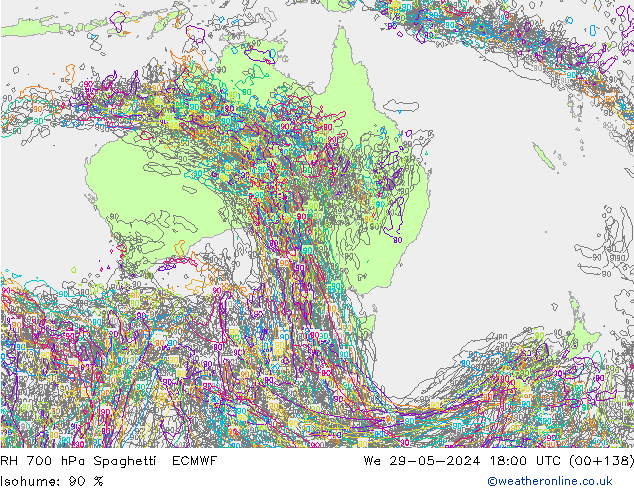 RH 700 hPa Spaghetti ECMWF We 29.05.2024 18 UTC