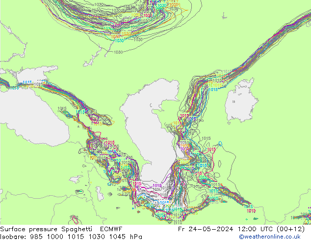 Presión superficial Spaghetti ECMWF vie 24.05.2024 12 UTC