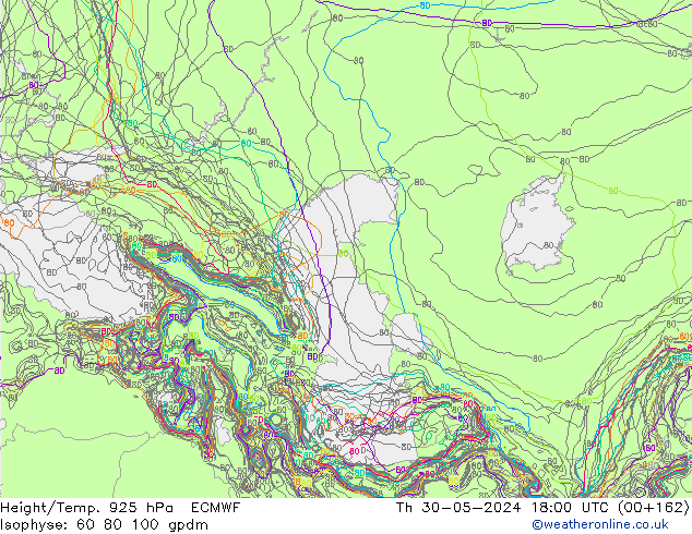 Height/Temp. 925 hPa ECMWF czw. 30.05.2024 18 UTC