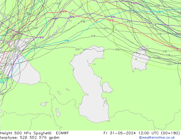 Height 500 hPa Spaghetti ECMWF Pá 31.05.2024 12 UTC