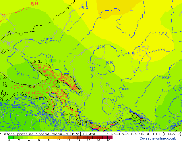 Surface pressure Spread ECMWF Th 06.06.2024 00 UTC