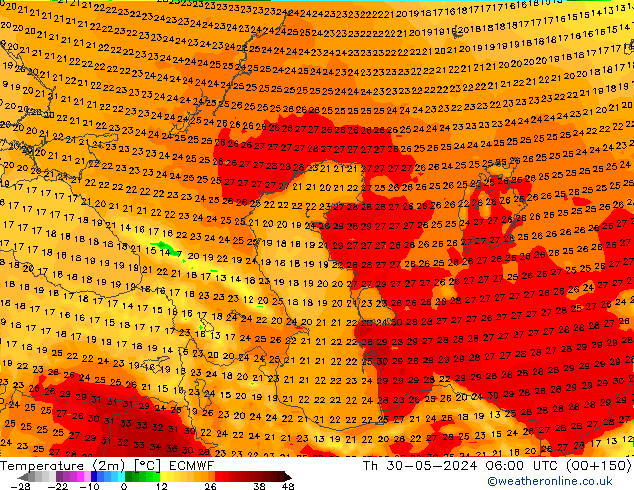 Temperature (2m) ECMWF Th 30.05.2024 06 UTC