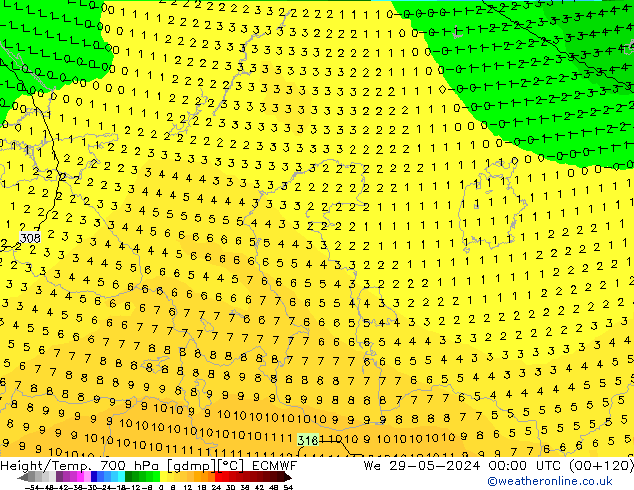 Hoogte/Temp. 700 hPa ECMWF wo 29.05.2024 00 UTC