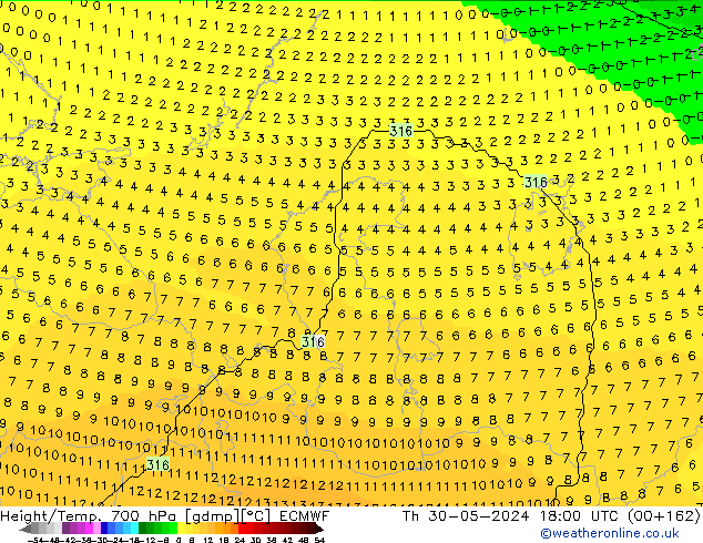 Hoogte/Temp. 700 hPa ECMWF do 30.05.2024 18 UTC