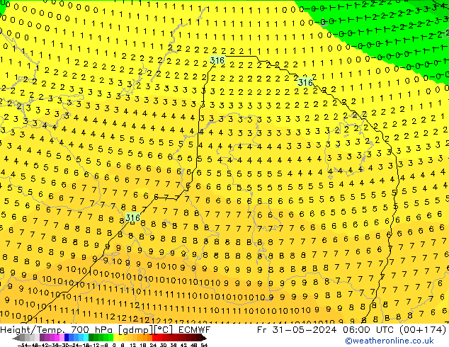 Height/Temp. 700 hPa ECMWF Pá 31.05.2024 06 UTC