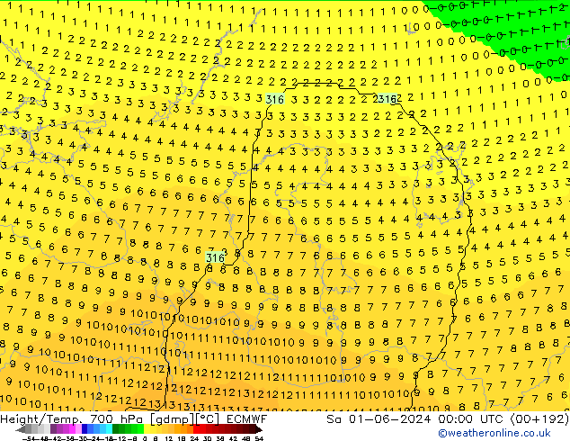 Height/Temp. 700 hPa ECMWF Sa 01.06.2024 00 UTC