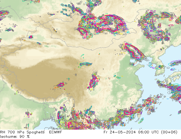 RH 700 hPa Spaghetti ECMWF Fr 24.05.2024 06 UTC